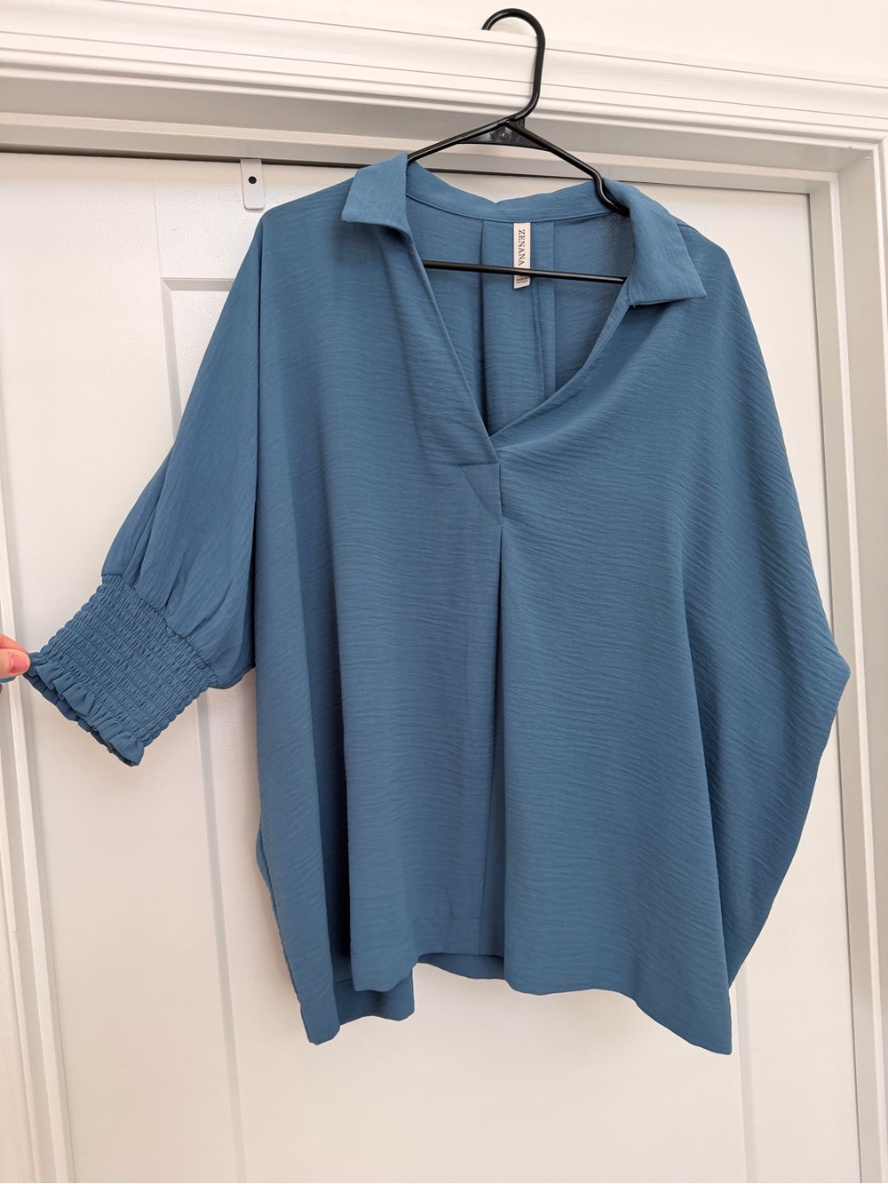 Blue Relaxed Split-Neck Smocked Sleeve Blouse